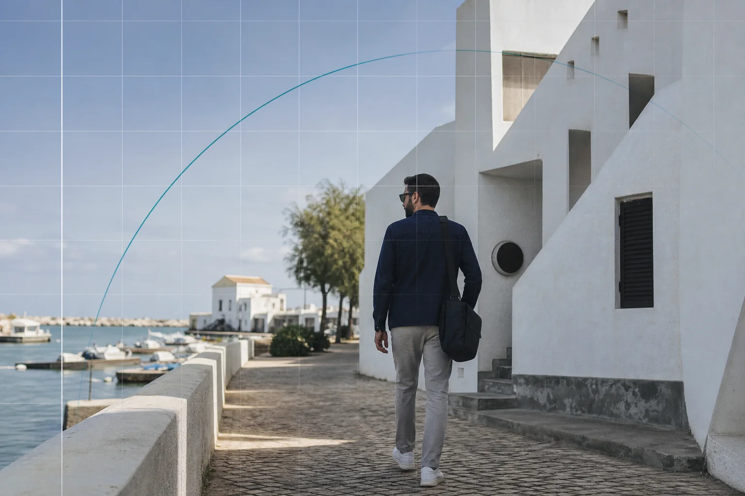 A professional walking beside white coastal architecture in Olhão