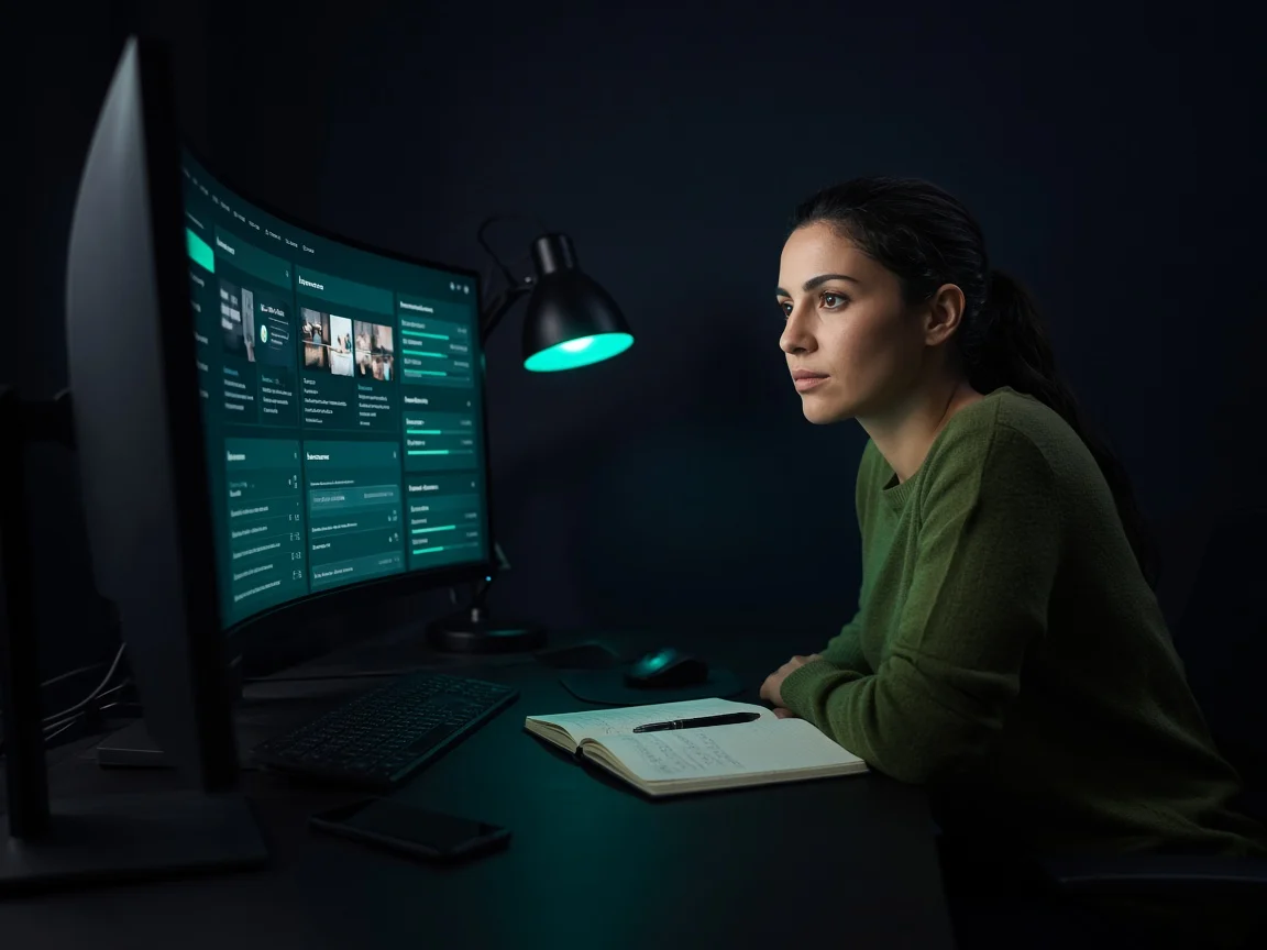 A media buyer reviewing campaign placements on a curved monitor
