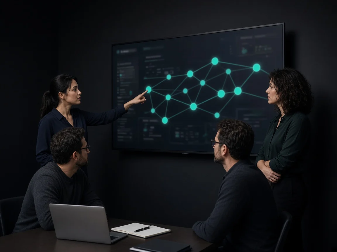 A strategy team reviewing channel routes on a shared wall display