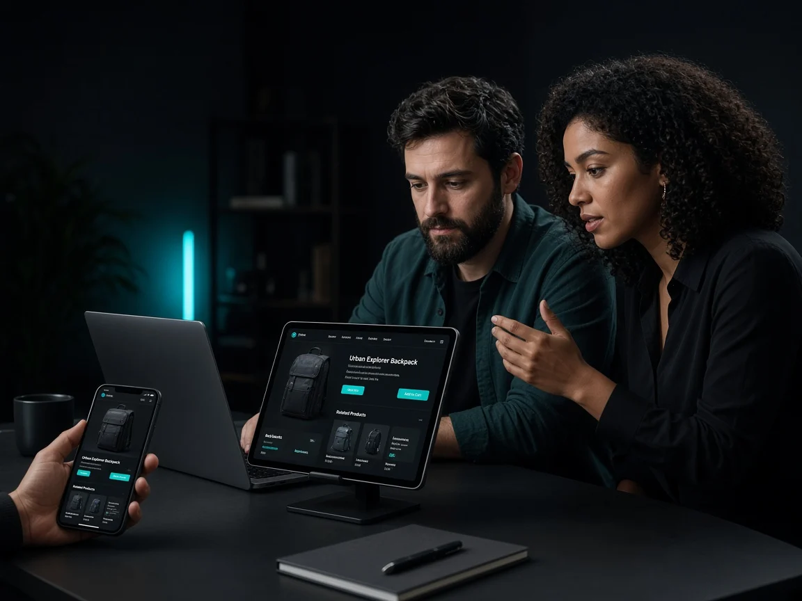 Designers testing a responsive e-commerce site across laptop, tablet, and phone