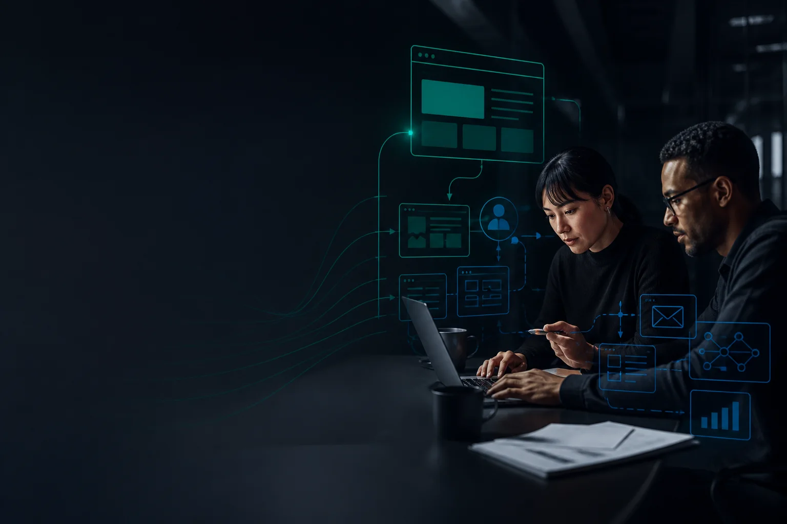 Two professionals mapping an IT marketing workflow with teal and blue interface graphics