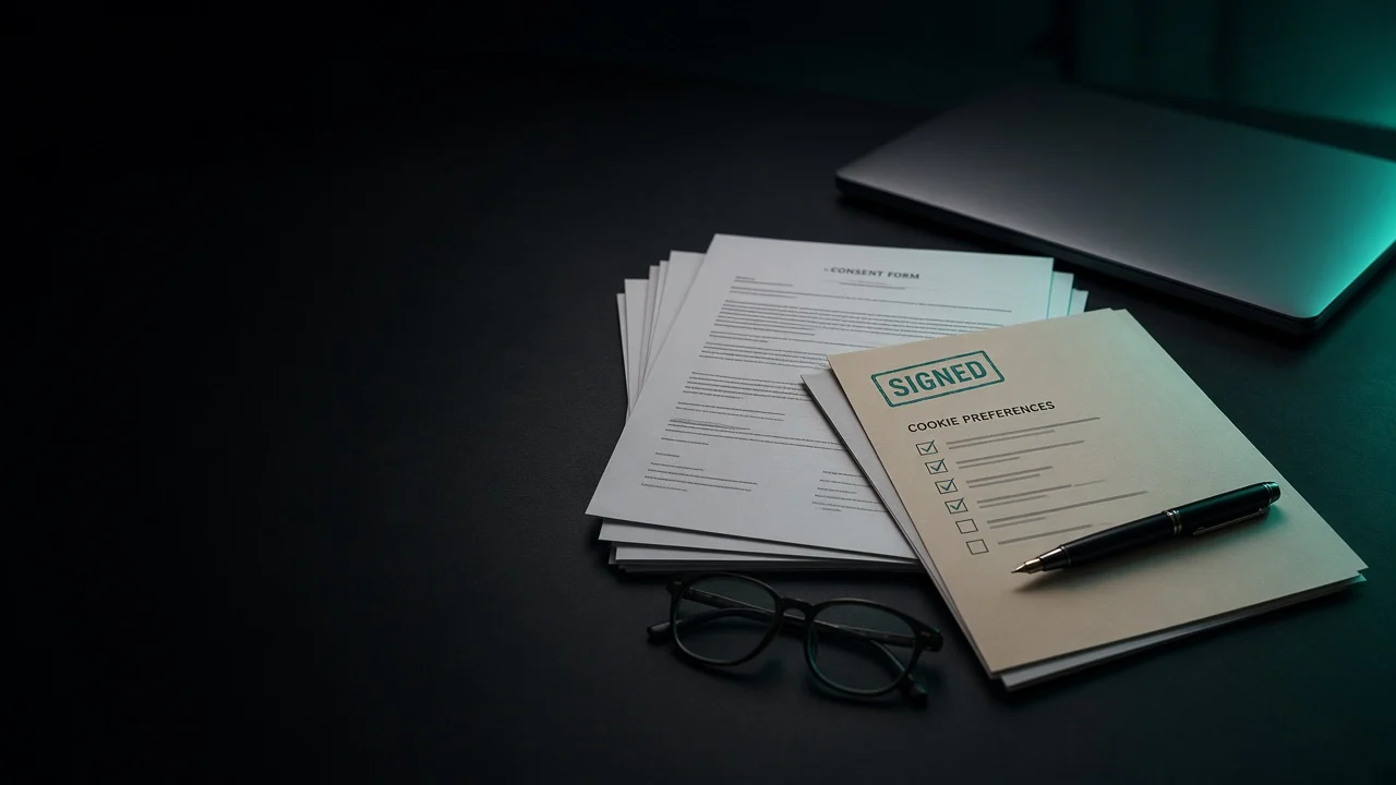 Cookie preference forms and related documents on a dark desk