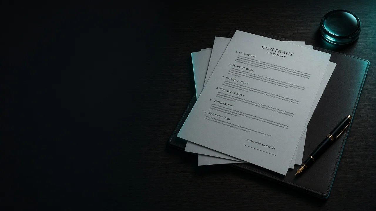 Contract pages and a document folder prepared for terms review