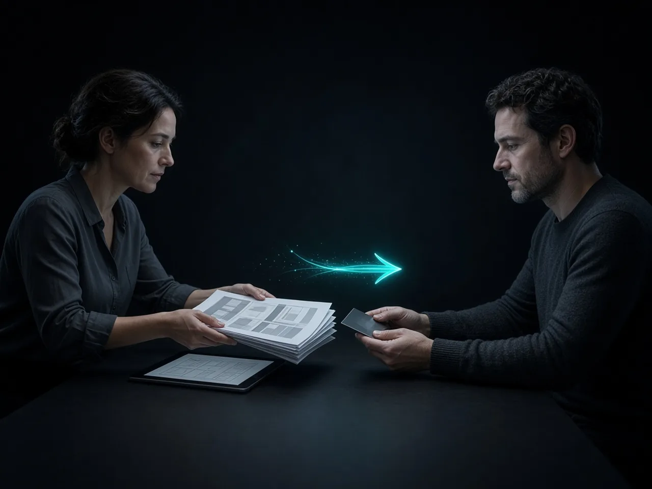 Two professionals handing prepared working materials across a dark table