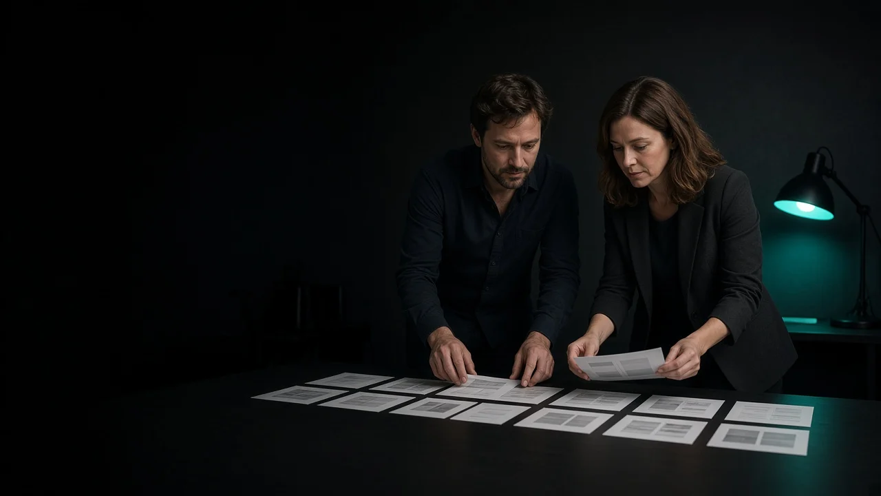 Professionals arranging connected stages on a process table