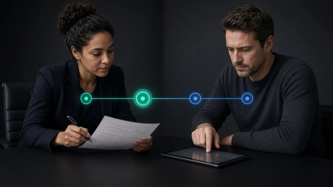 Two specialists checking documents and a tablet against a line of review checkpoints