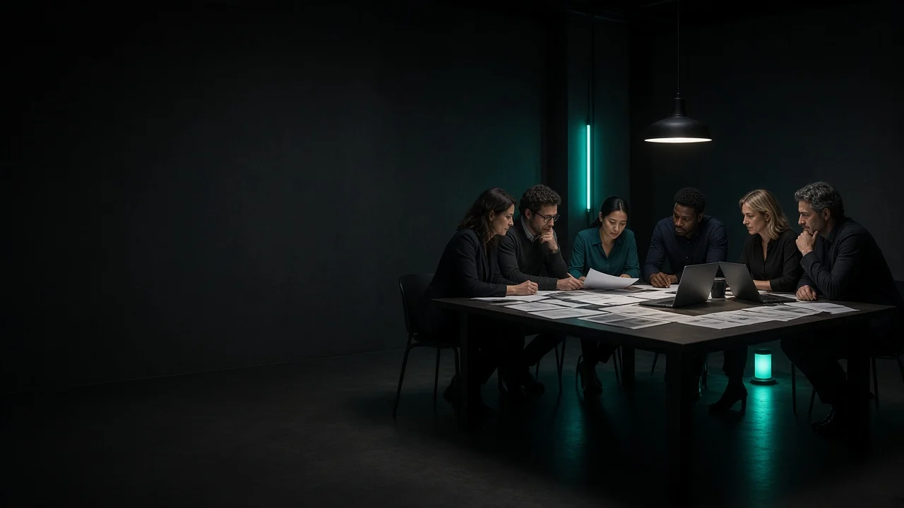 Professionals reviewing six connected IT marketing workstreams